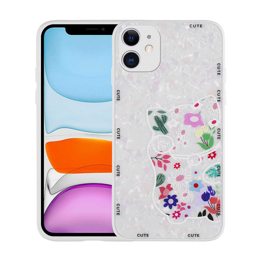 iPhone 11 Uyumlu Desenli Sert Silikon NXXA Mumila Kapak-White Cat