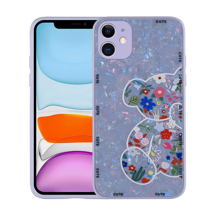iPhone 12 Uyumlu Desenli Sert Silikon NXXA Mumila Kapak-Lilac Bear