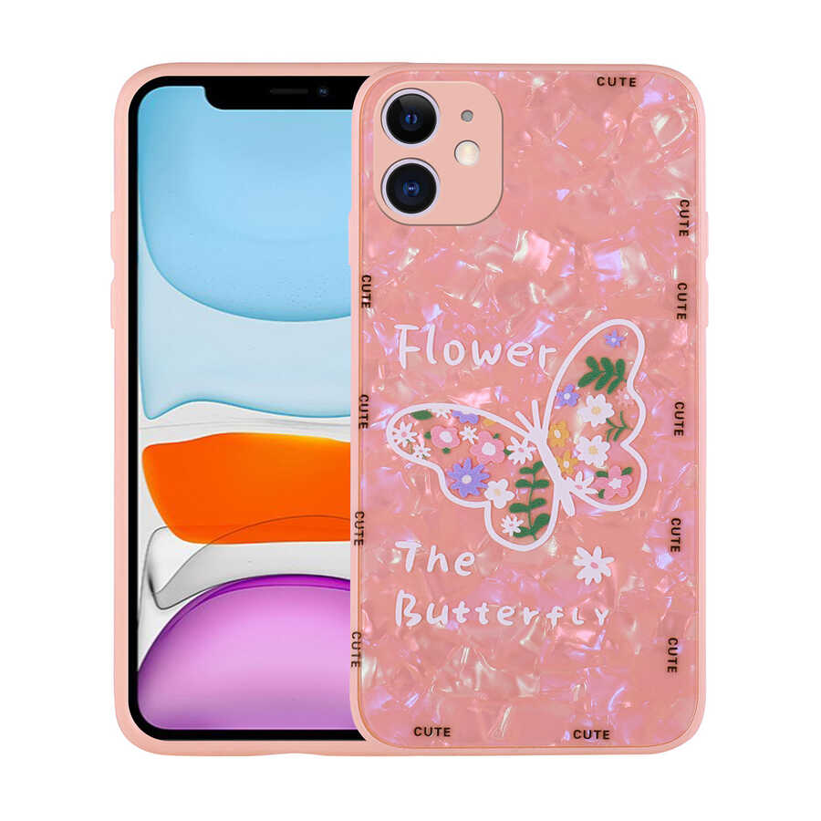 iPhone 12 Uyumlu Desenli Sert Silikon NXXA Mumila Kapak-Pink Flower