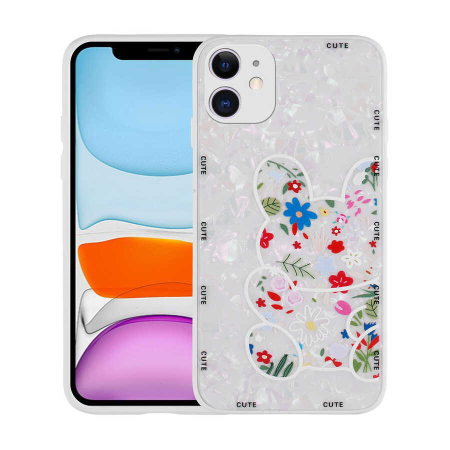iPhone 12 Uyumlu Desenli Sert Silikon NXXA Mumila Kapak-White Rabbit