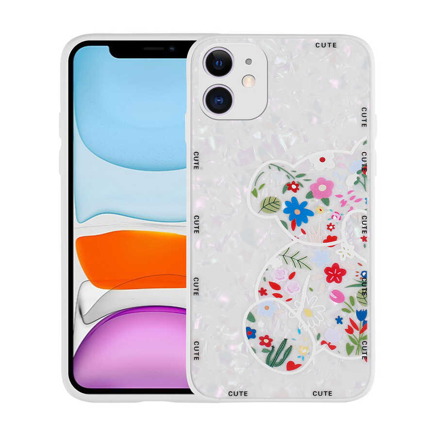 iPhone 12 Uyumlu Desenli Sert Silikon NXXA Mumila Kapak-White Bear