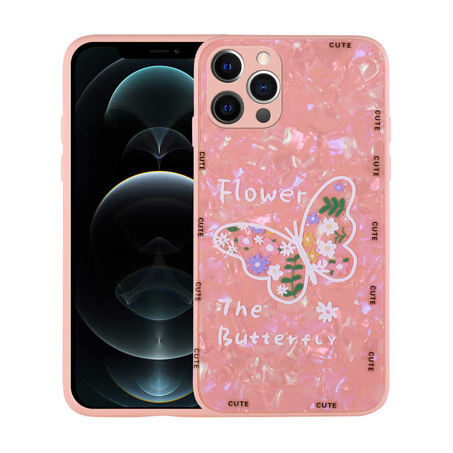 iPhone 12 Pro Max Uyumlu Desenli Sert Silikon NXXA Mumila Kapak-Pink Flower
