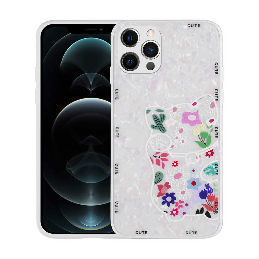iPhone 12 Pro Max Uyumlu Desenli Sert Silikon NXXA Mumila Kapak-White Cat