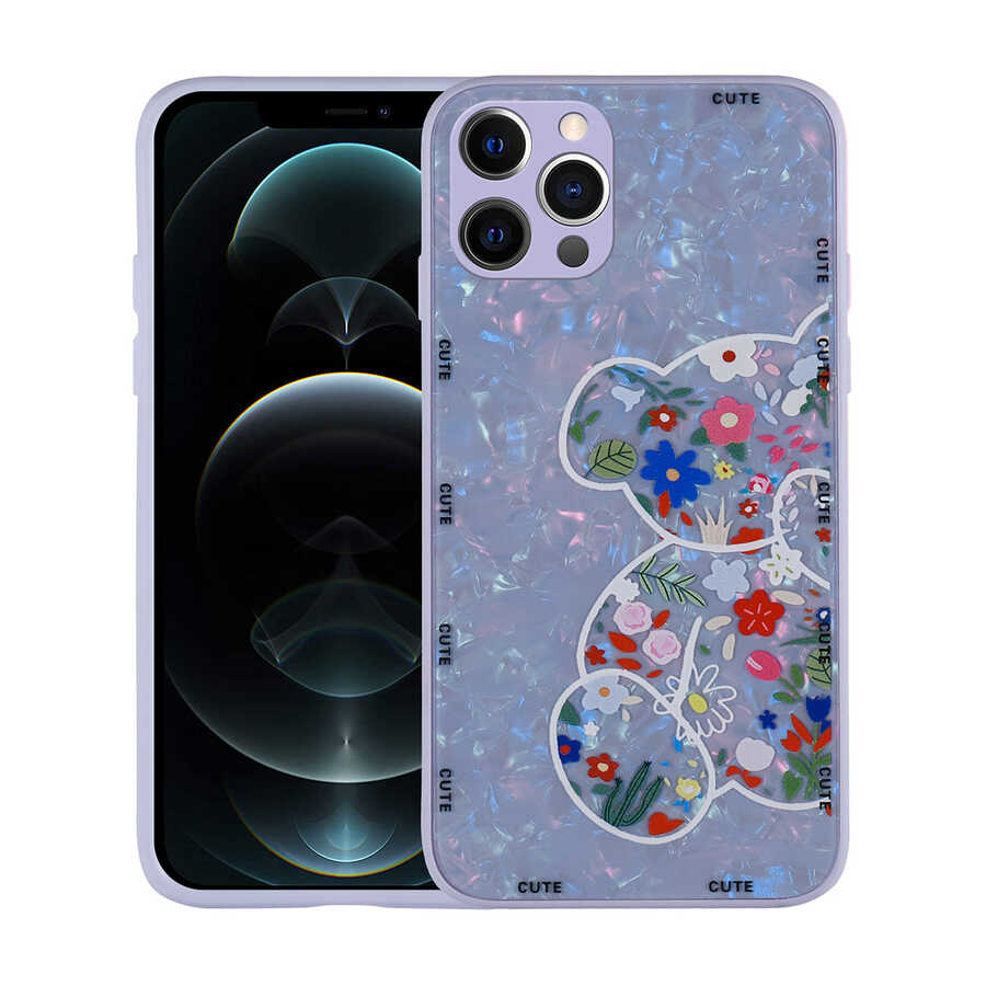 iPhone 13 Pro Uyumlu Desenli Sert Silikon NXXA Mumila Kapak-Lilac Bear