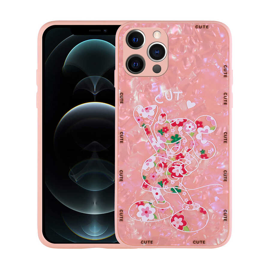 iPhone 13 Pro Uyumlu Desenli Sert Silikon NXXA Mumila Kapak-Pink Mouse
