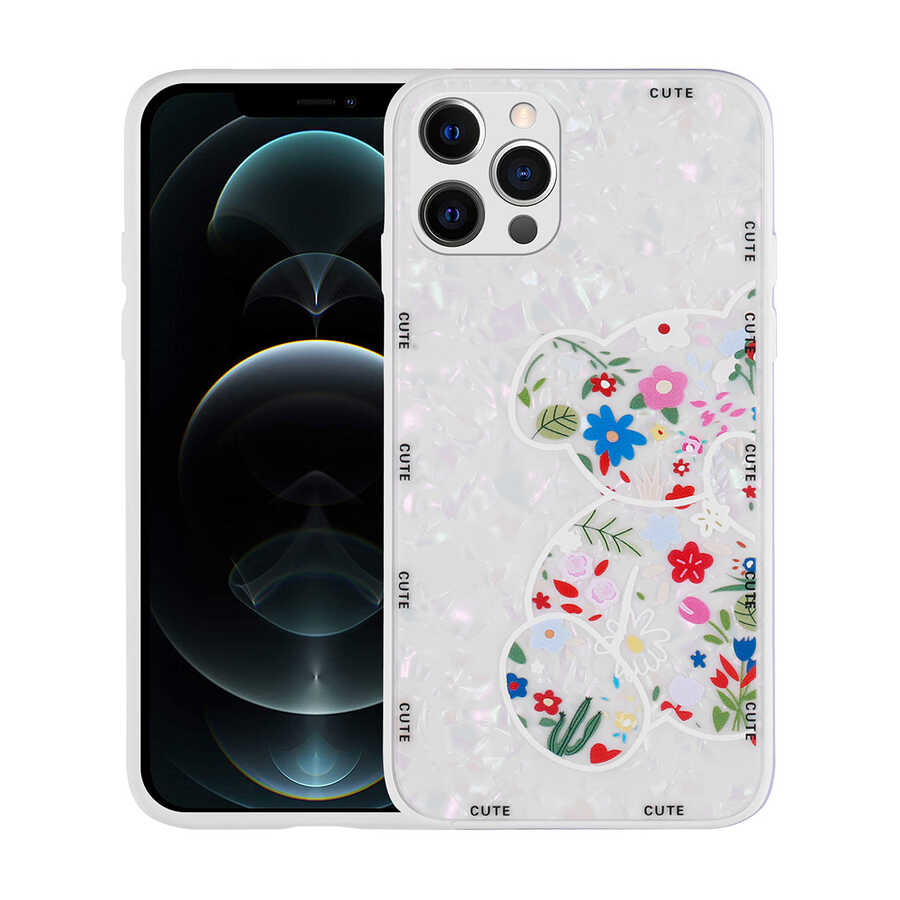 iPhone 13 Pro Uyumlu Desenli Sert Silikon NXXA Mumila Kapak-White Bear