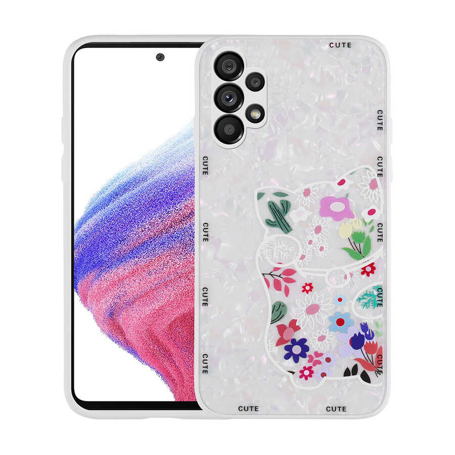 Galaxy A13 4G Kılıf Desenli Sert Silikon NXXA Mumila Kapak-White Cat