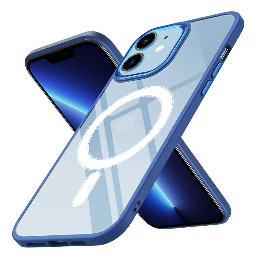 iPhone 12 Kılıf Wireless Şarj Özellikli NXXA Krom Magsafe Silikon Kapak-Lacivert