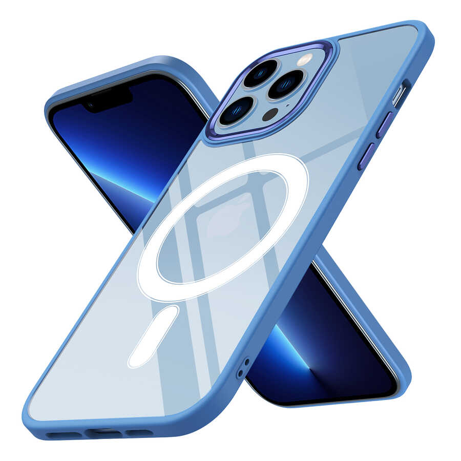 iPhone 12 Pro Max Uyumlu Wireless Şarj Özellikli NXXA Krom Magsafe Silikon Kapak-Mavi