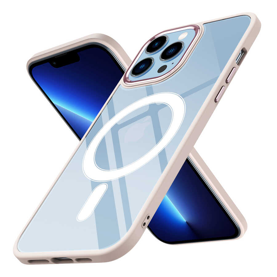 iPhone 13 Pro Kılıf Wireless Şarj Özellikli NXXA Krom Magsafe Silikon Kapak-Pembe Açık
