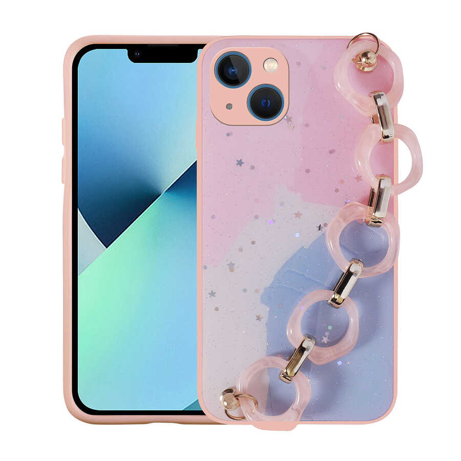 iPhone 13 Uyumlu Simli Desenli El Askılı Tutacaklı NXXA Elsa Silikon Kapak-Pembe