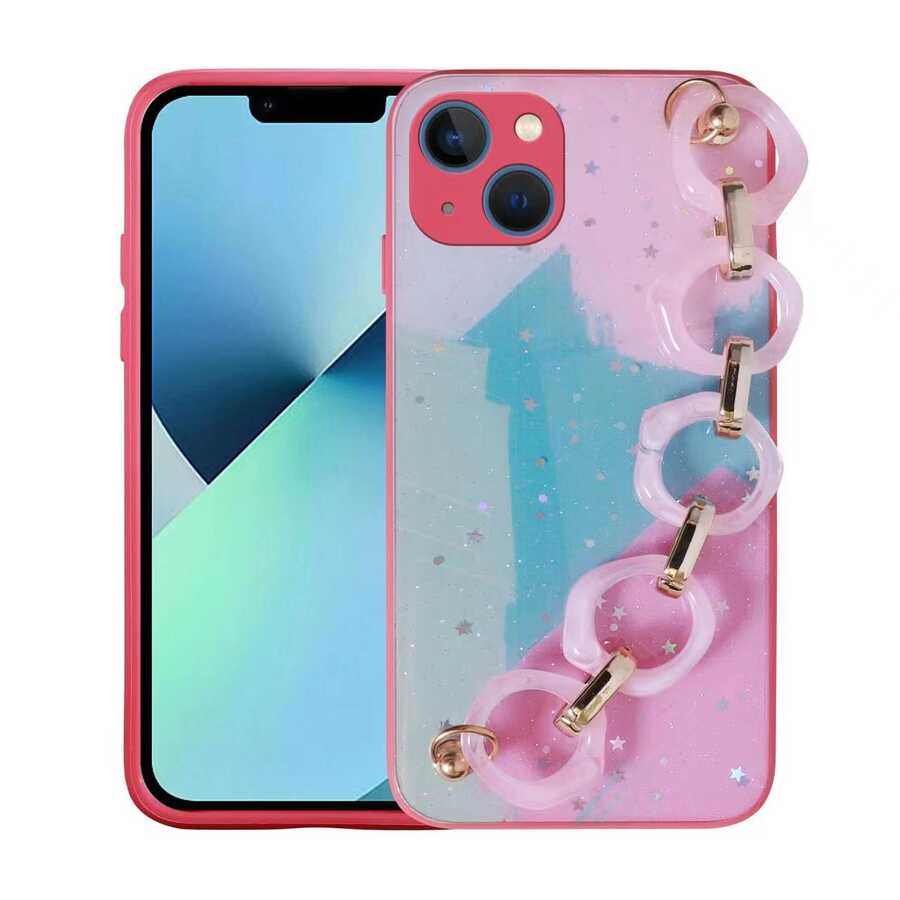 iPhone 13 Uyumlu Simli Desenli El Askılı Tutacaklı NXXA Elsa Silikon Kapak-Pembe Koyu