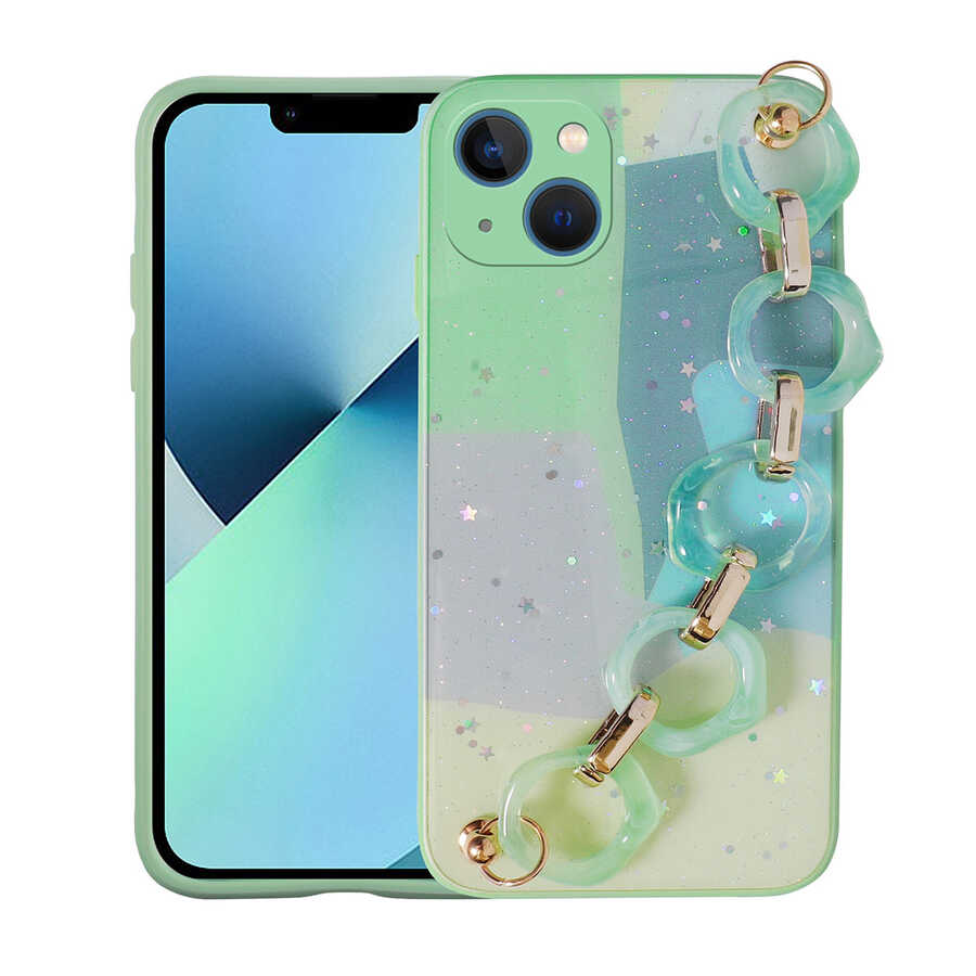 iPhone 13 Uyumlu Simli Desenli El Askılı Tutacaklı NXXA Elsa Silikon Kapak-Yeşil