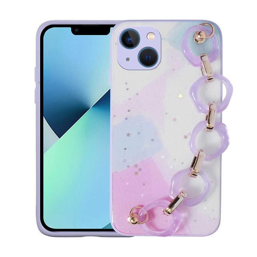 iPhone 13 Uyumlu Simli Desenli El Askılı Tutacaklı NXXA Elsa Silikon Kapak-Lila