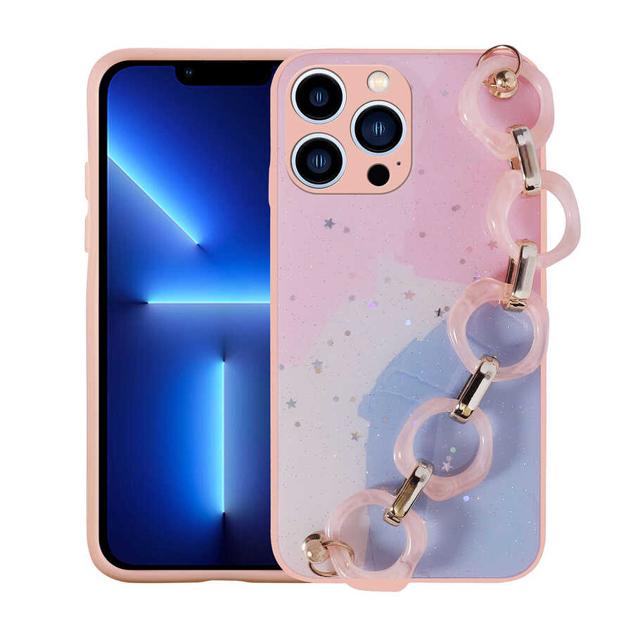 iPhone 12 Pro Uyumlu Simli Desenli El Askılı Tutacaklı NXXA Elsa Silikon Kapak-Pembe