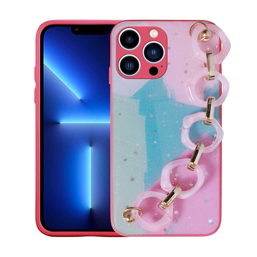 iPhone 12 Pro Kılıf Simli Desenli El Askılı Tutacaklı NXXA Elsa Silikon Kapak-Pembe Koyu