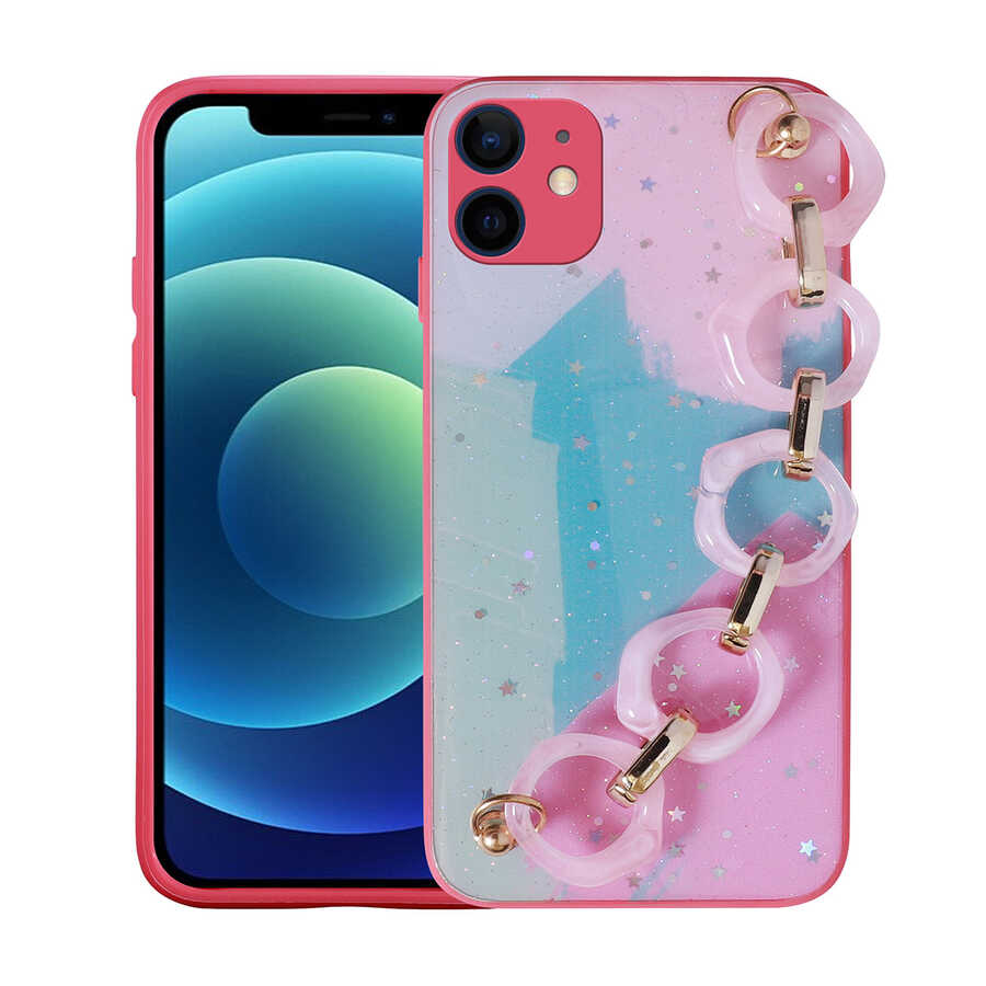 iPhone 12 Uyumlu Simli Desenli El Askılı Tutacaklı NXXA Elsa Silikon Kapak-Pembe Koyu