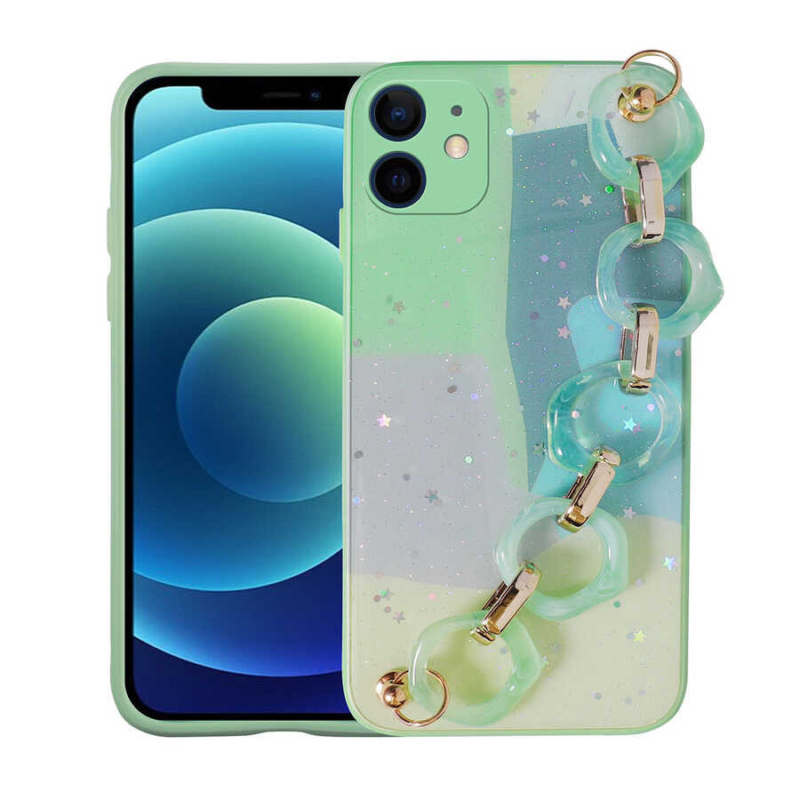 iPhone 12 Kılıf Simli Desenli El Askılı Tutacaklı NXXA Elsa Silikon Kapak-Yeşil