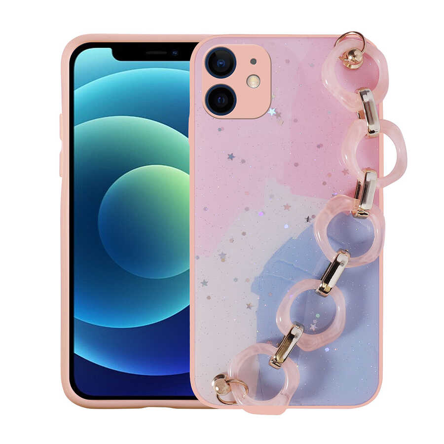 iPhone 11 Uyumlu Simli Desenli El Askılı Tutacaklı NXXA Elsa Silikon Kapak-Pembe