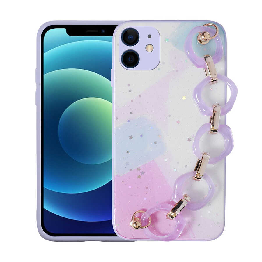 iPhone 11 Kılıf Simli Desenli El Askılı Tutacaklı NXXA Elsa Silikon Kapak-Lila