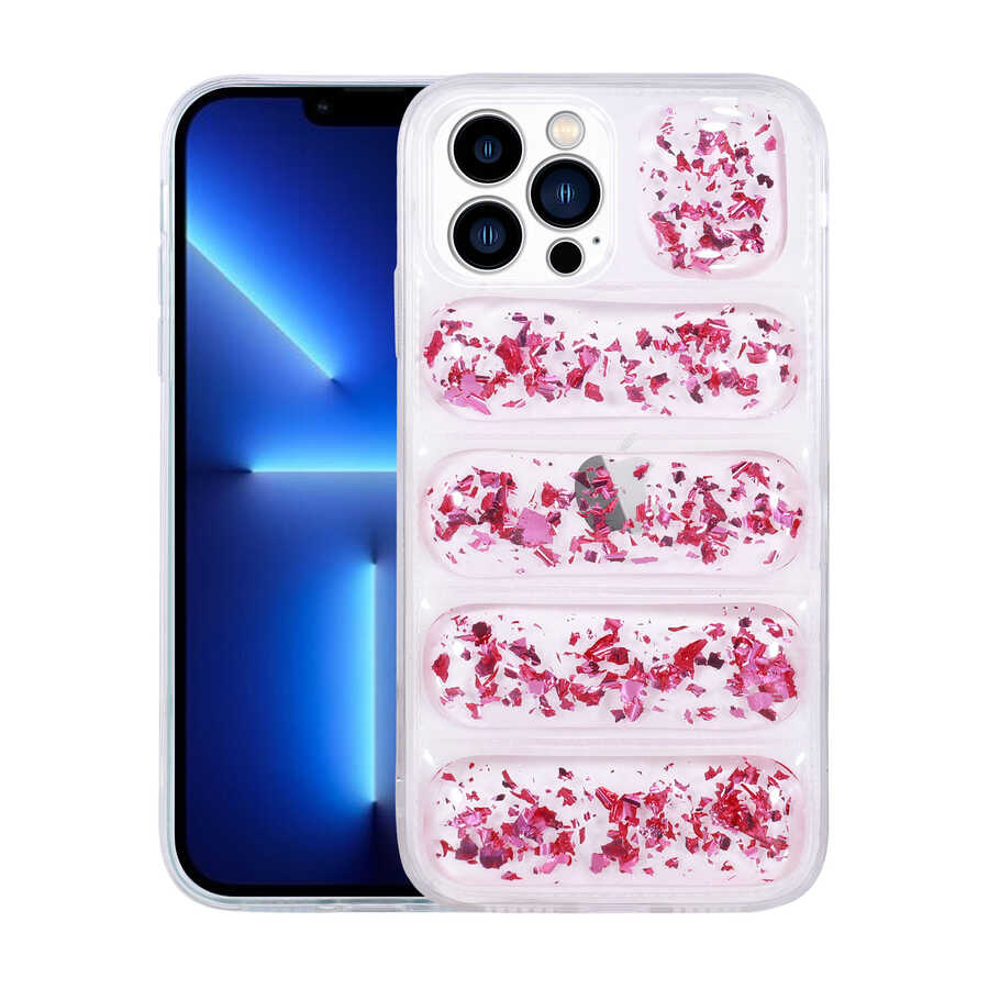 iPhone 13 Pro Max Uyumlu Kamera Korumalı Simli Airbag'li NXXA Dalga Kapak-Pembe Koyu