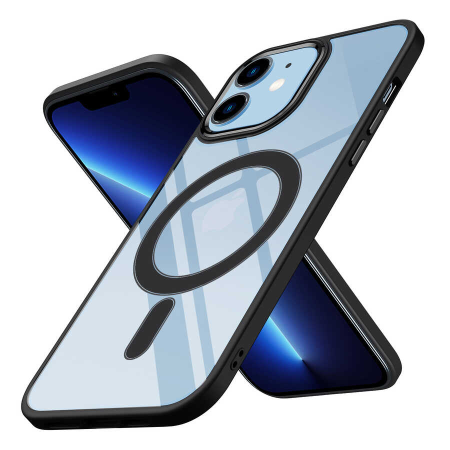 iPhone 12 Uyumlu Wireless Şarj Özellikli NXXA Krom Magsafe Silikon Kapak-Siyah