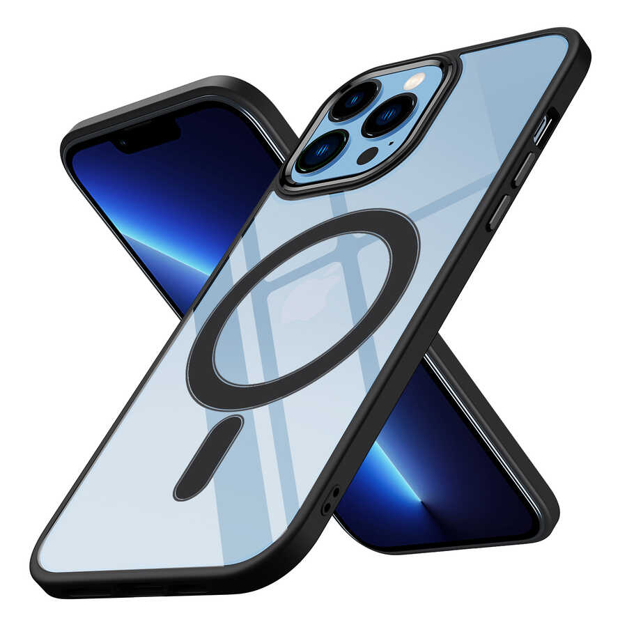 iPhone 12 Pro Max Kılıf Wireless Şarj Özellikli NXXA Krom Magsafe Silikon Kapak-Siyah