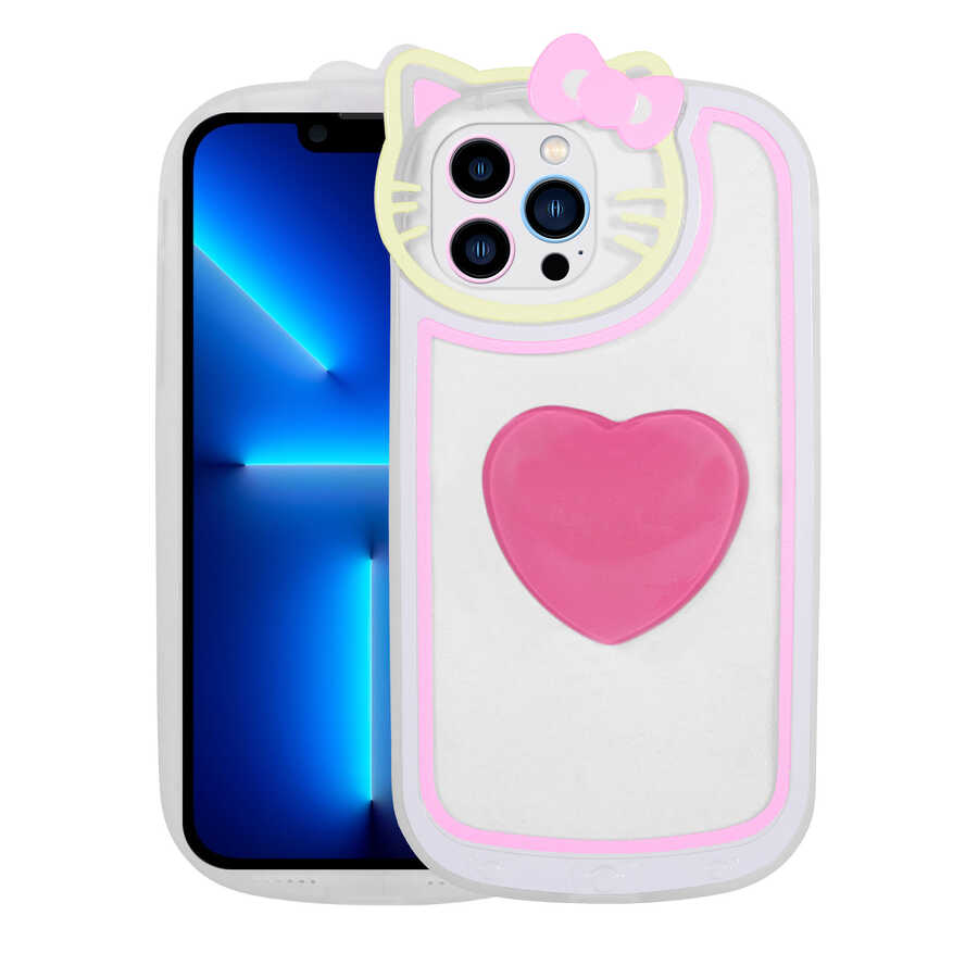 iPhone 13 Pro Max Uyumlu Kedi Figürlü Transparan Pop Soketli NXXA Ritmik Kapak-Pembe Koyu