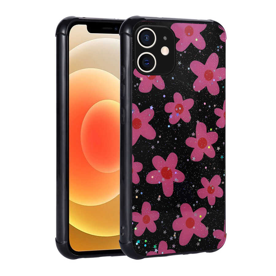 iPhone 12 Uyumlu Simli Desenli Kamera Korumalı Parlak NXXA Popy Kapak-Çiçek