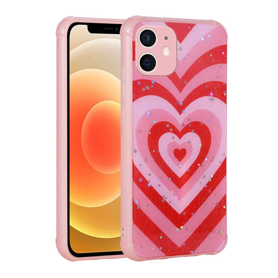 iPhone 12 Uyumlu Simli Desenli Kamera Korumalı Parlak NXXA Popy Kapak-Kalp