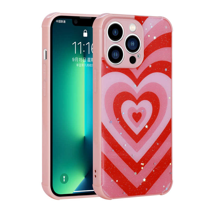 iPhone 12 Pro Kılıf Simli Desenli Kamera Korumalı Parlak NXXA Popy Kapak-Kalp
