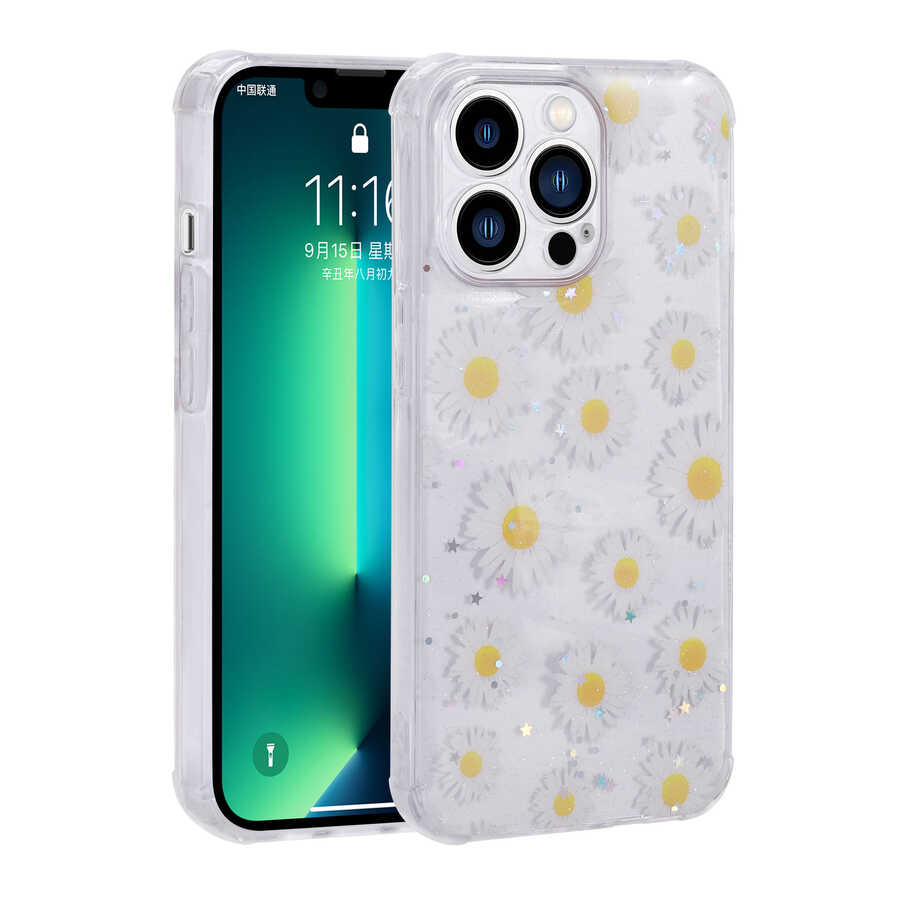 iPhone 13 Pro Uyumlu Simli Desenli Kamera Korumalı Parlak NXXA Popy Kapak-Papatya
