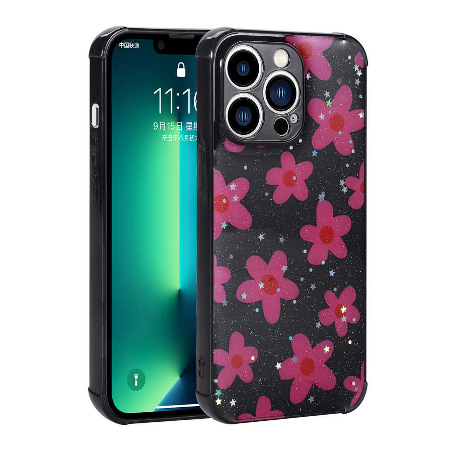 iPhone 13 Pro Max Kılıf Simli Desenli Kamera Korumalı Parlak NXXA Popy Kapak-Çiçek