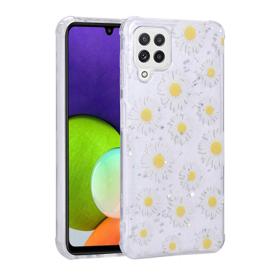Galaxy A22 4G Kılıf Simli Desenli Kamera Korumalı Parlak NXXA Popy Kapak-Papatya