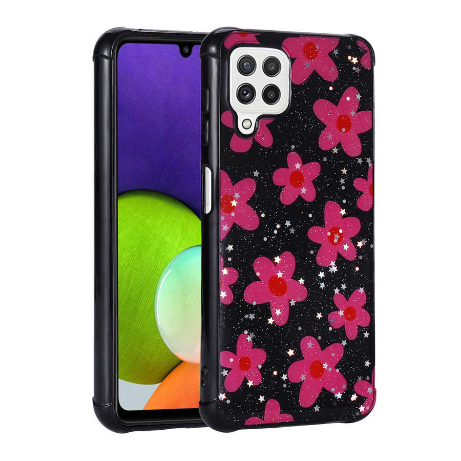Galaxy M22 Kılıf Simli Desenli Kamera Korumalı Parlak NXXA Popy Kapak-Çiçek