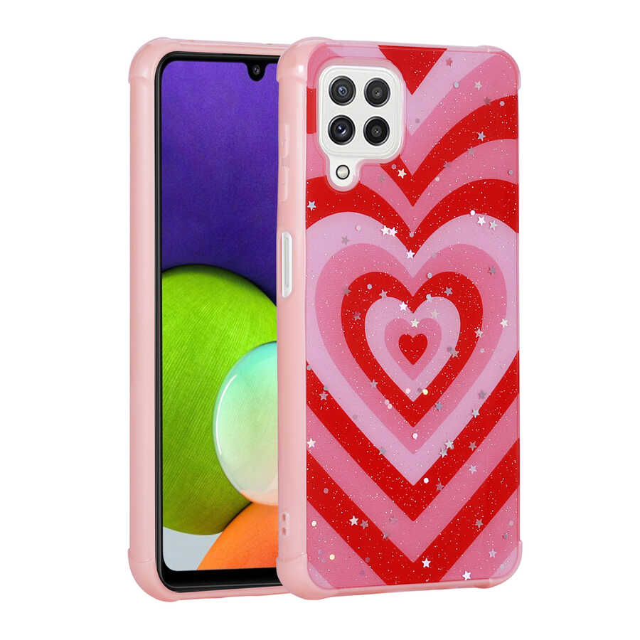 Galaxy M32 Kılıf Simli Desenli Kamera Korumalı Parlak NXXA Popy Kapak-Kalp