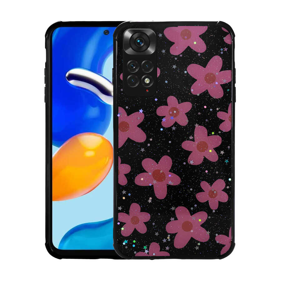 Xiaomi Redmi Note 11S Global Kılıf Simli Desenli Kamera Korumalı Parlak NXXA Popy Kapak-Çiçek