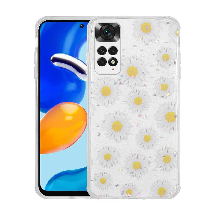 Xiaomi Redmi Note 11S Global Kılıf Simli Desenli Kamera Korumalı Parlak NXXA Popy Kapak-Papatya