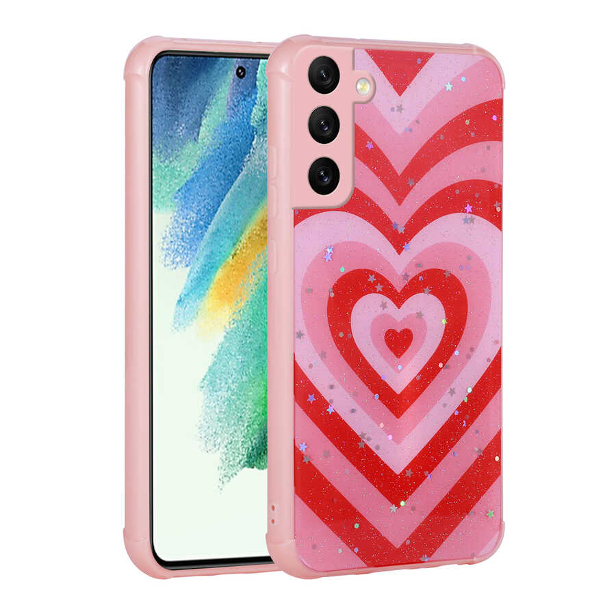 Galaxy S21 FE Kılıf Simli Desenli Kamera Korumalı Parlak NXXA Popy Kapak-Kalp