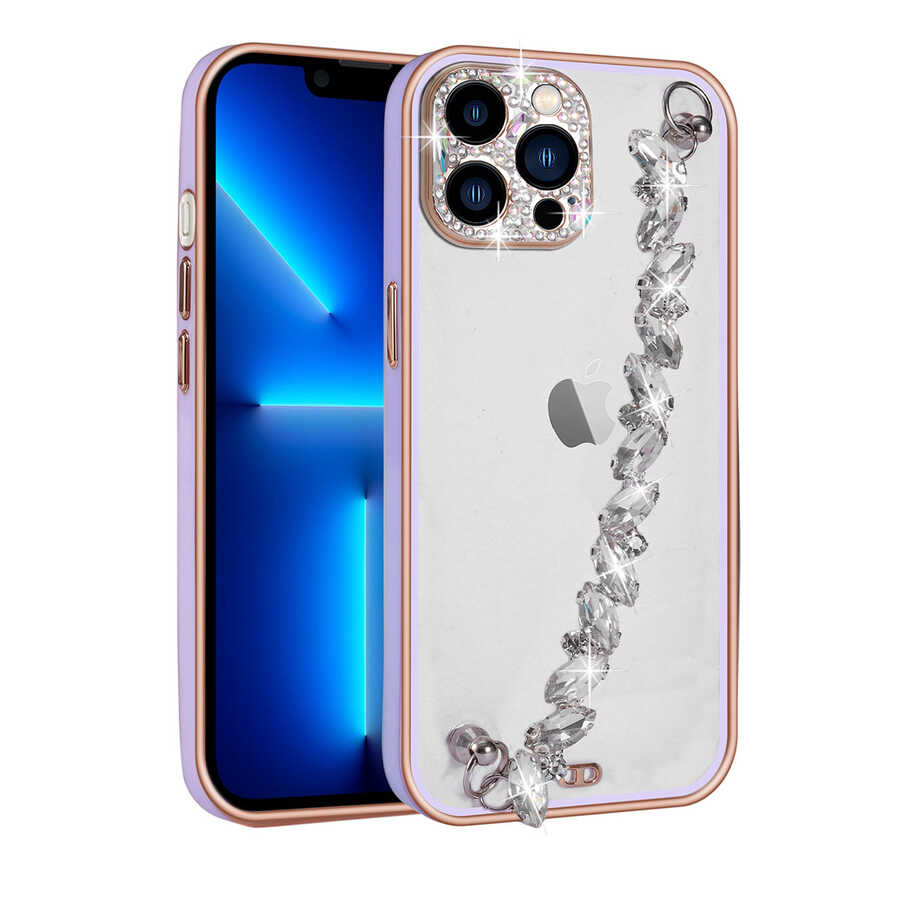 iPhone 13 Pro Uyumlu Taş Süslemeli Kamera Korumalı El Tutamaçlı NXXA Blazer Kapak-Lila