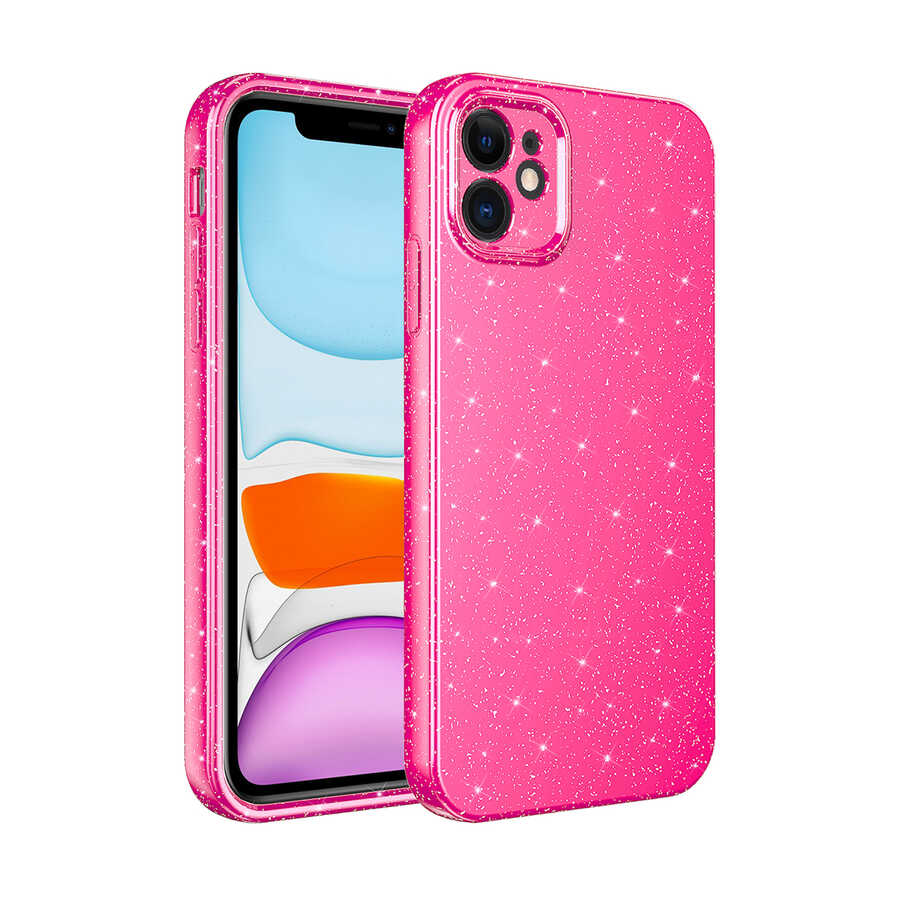 iPhone 11 Kılıf Kamera Korumalı Simli Lüks NXXA Koton Kapak-Pembe Koyu