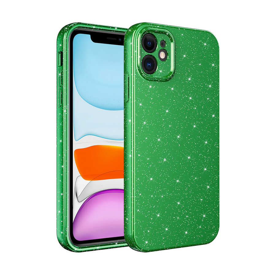 iPhone 11 Uyumlu Kamera Korumalı Simli Lüks NXXA Koton Kapak-Yeşil