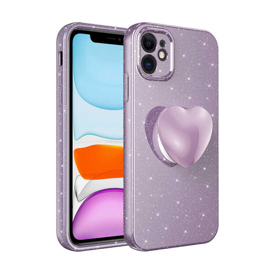 iPhone 11 Uyumlu Kamera Korumalı Simli Pop Soketli Lüks NXXA Koton Soketli Kapak-Mor