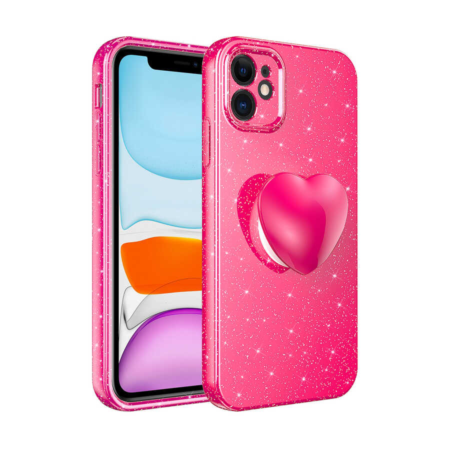 iPhone 11 Kılıf Kamera Korumalı Simli Pop Soketli Lüks NXXA Koton Soketli Kapak-Pembe Koyu