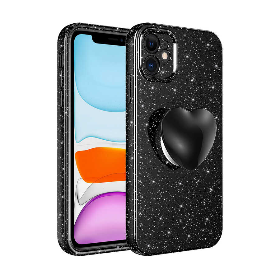 iPhone 11 Uyumlu Kamera Korumalı Simli Pop Soketli Lüks NXXA Koton Soketli Kapak-Siyah