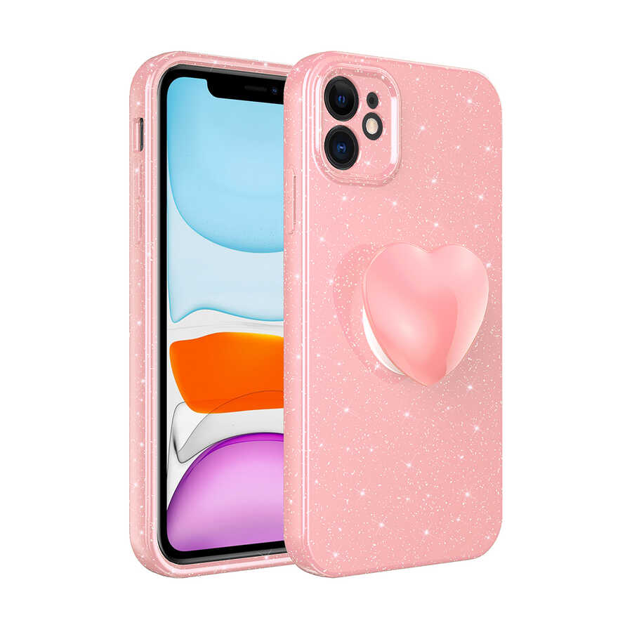 iPhone 11 Kılıf Kamera Korumalı Simli Pop Soketli Lüks NXXA Koton Soketli Kapak-Pembe