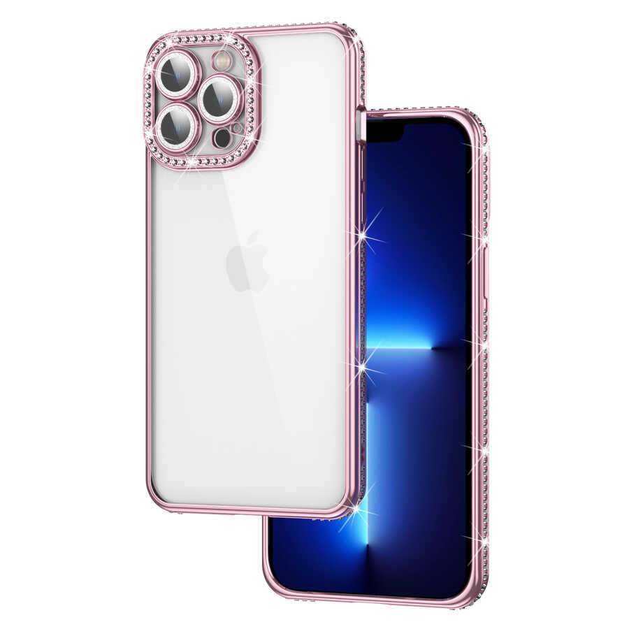 iPhone 12 Pro Max Kılıf Kamera Korumalı Taşlı NXXA Mina Kapak-Rose Gold
