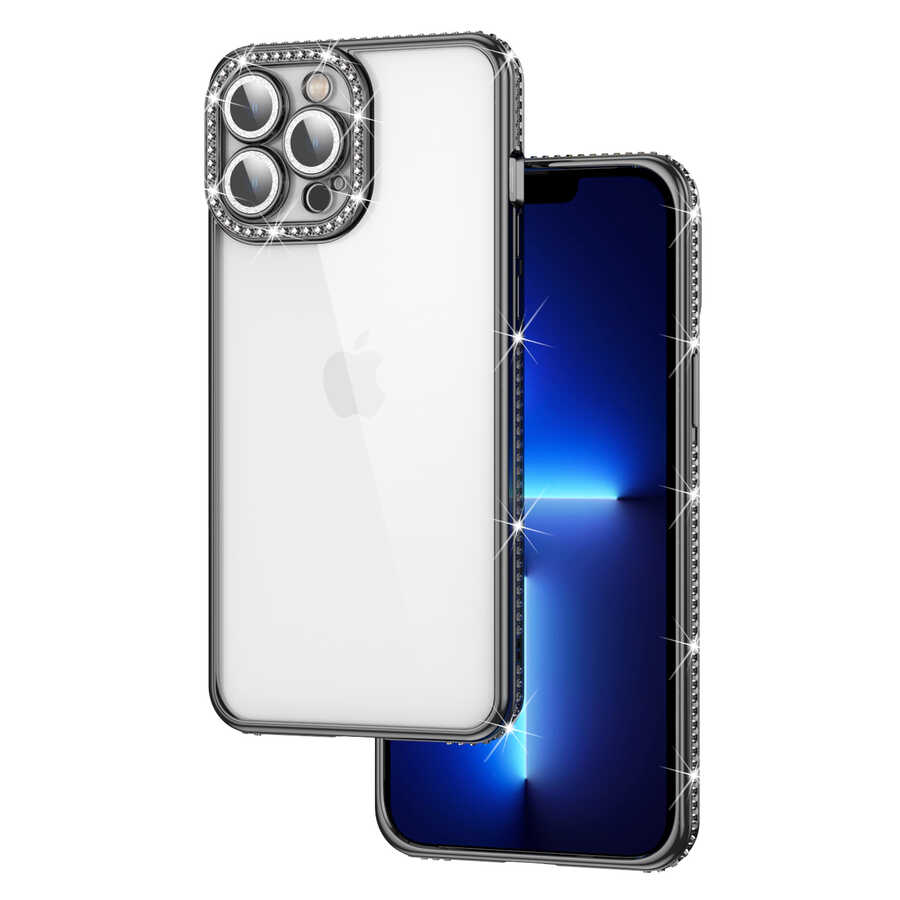 iPhone 12 Pro Max Uyumlu Kamera Korumalı Taşlı NXXA Mina Kapak-Siyah