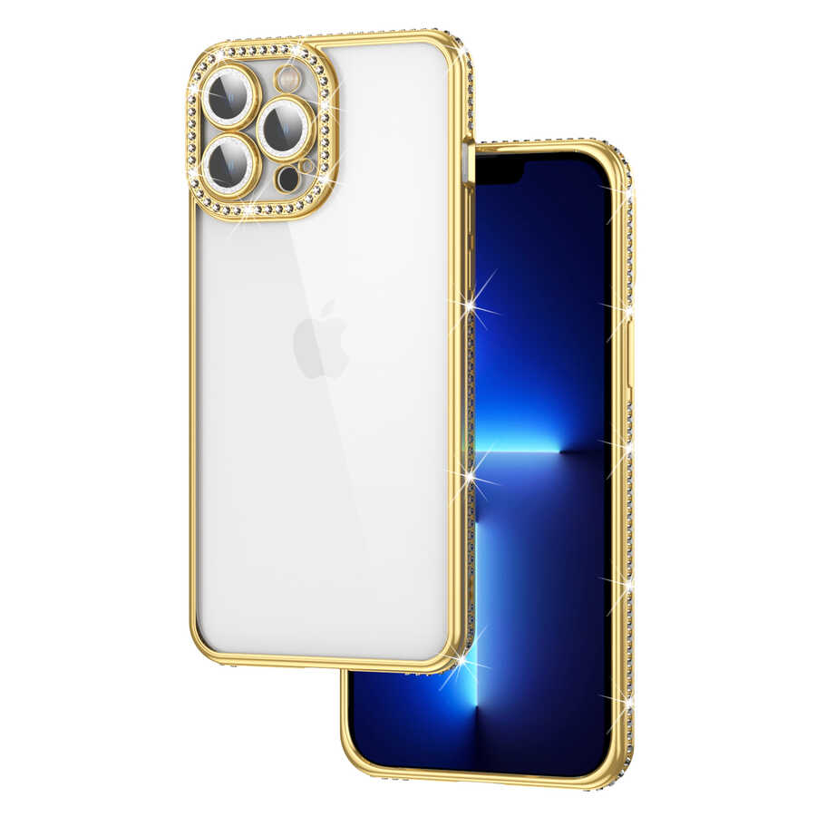 iPhone 12 Pro Max Uyumlu Kamera Korumalı Taşlı NXXA Mina Kapak-Gold