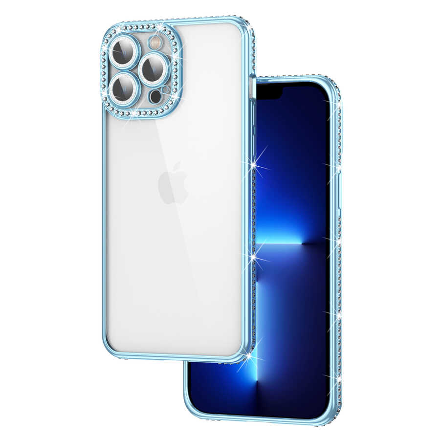 iPhone 12 Pro Max Uyumlu Kamera Korumalı Taşlı NXXA Mina Kapak-Mavi